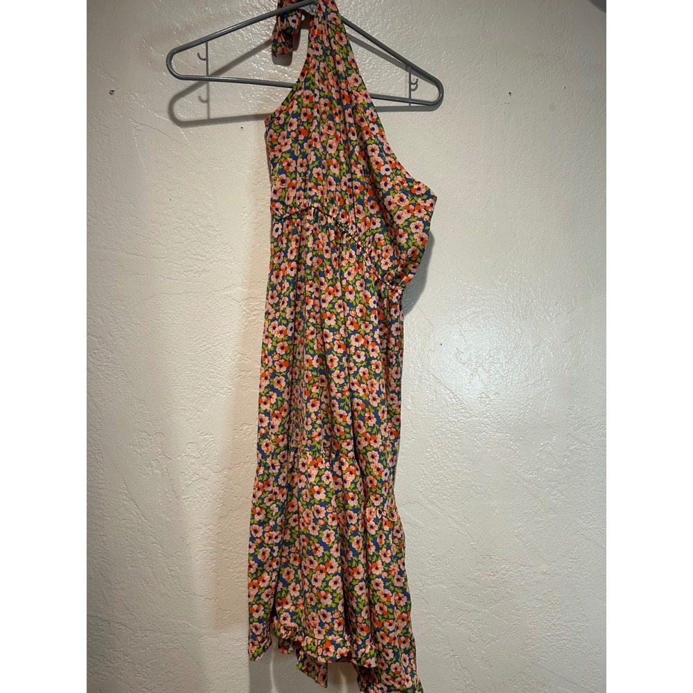 PrettyGarden Womens Floral Halter Mini Dress Blue Orange Poppy Ruffle Hem Small
